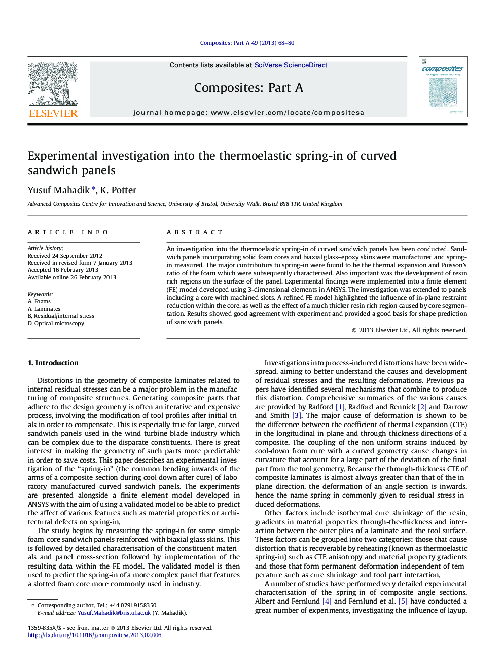 Experimental investigation into the thermoelastic spring-in of curved sandwich panels