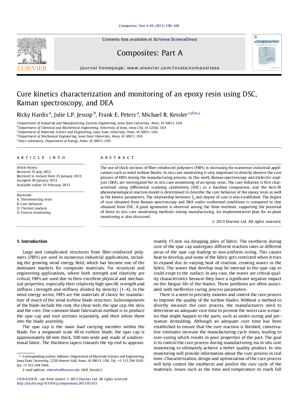 Cure kinetics characterization and monitoring of an epoxy resin using DSC, Raman spectroscopy, and DEA