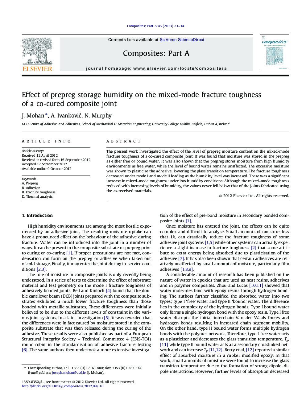 Effect of prepreg storage humidity on the mixed-mode fracture toughness of a co-cured composite joint