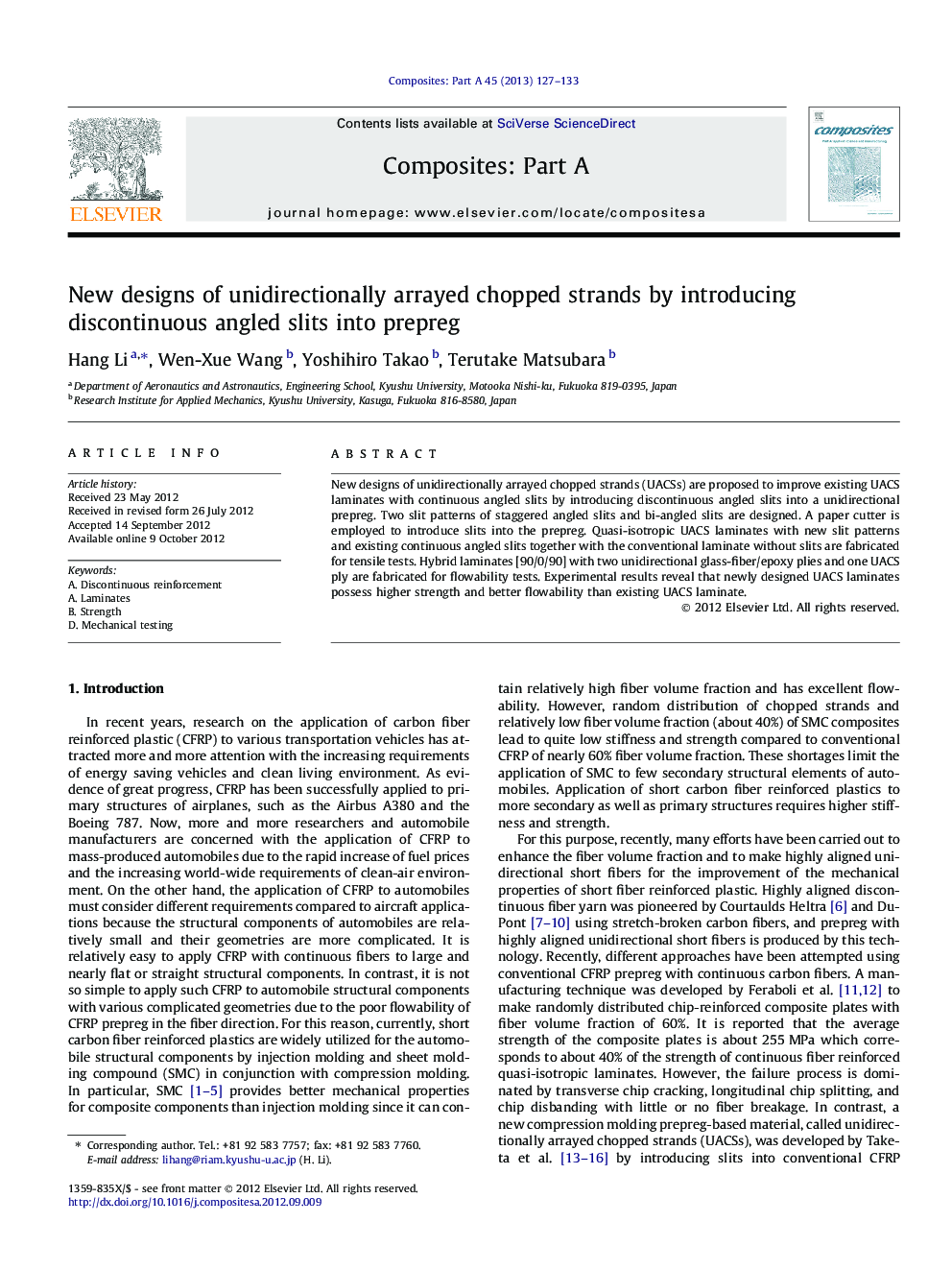 New designs of unidirectionally arrayed chopped strands by introducing discontinuous angled slits into prepreg