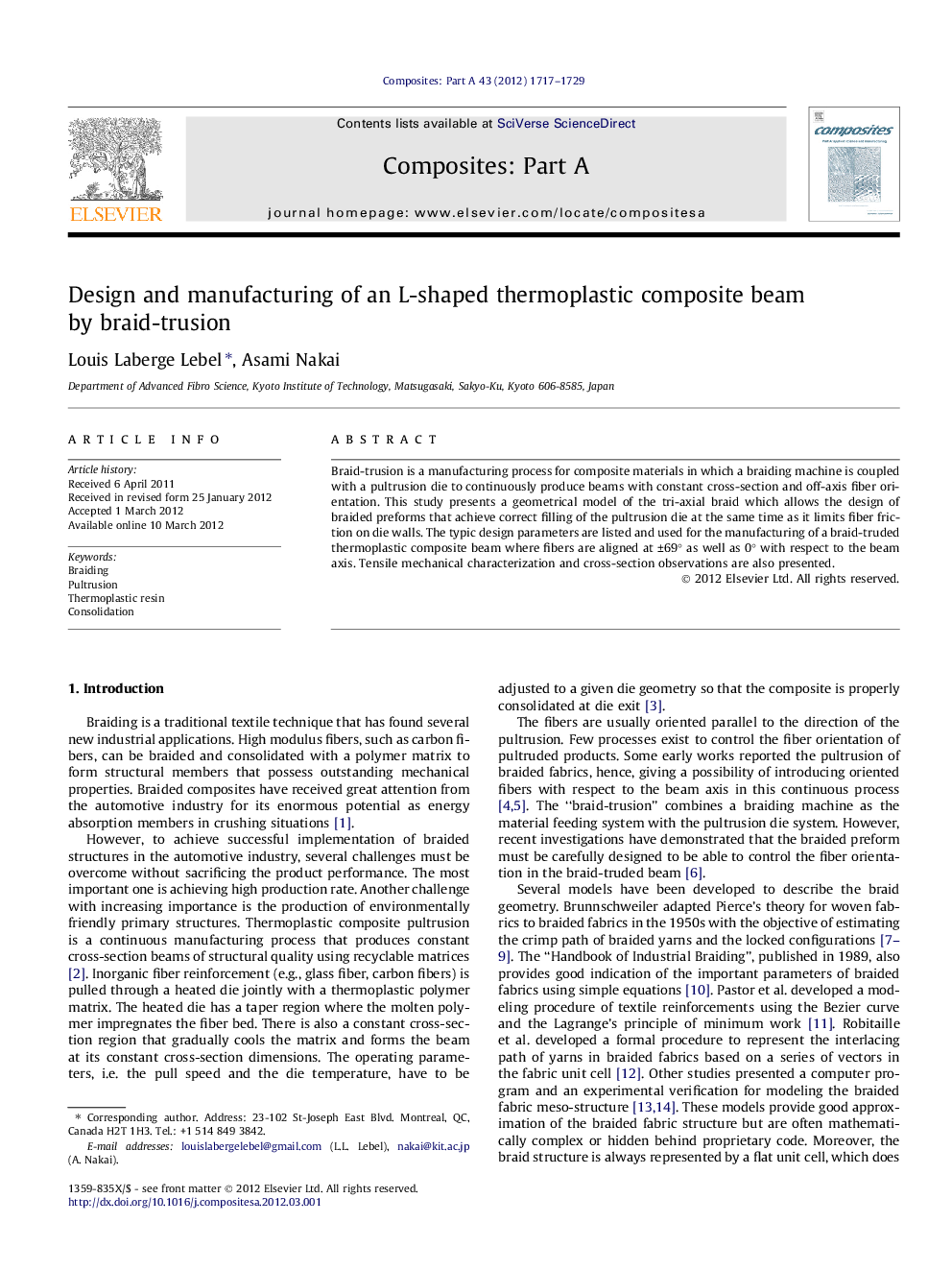 Design and manufacturing of an L-shaped thermoplastic composite beam by braid-trusion