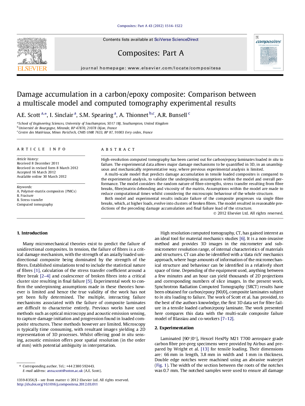 Damage accumulation in a carbon/epoxy composite: Comparison between a multiscale model and computed tomography experimental results