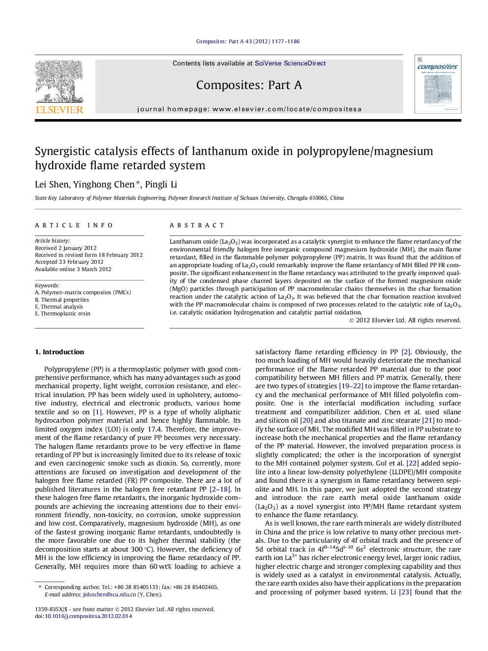 Synergistic catalysis effects of lanthanum oxide in polypropylene/magnesium hydroxide flame retarded system