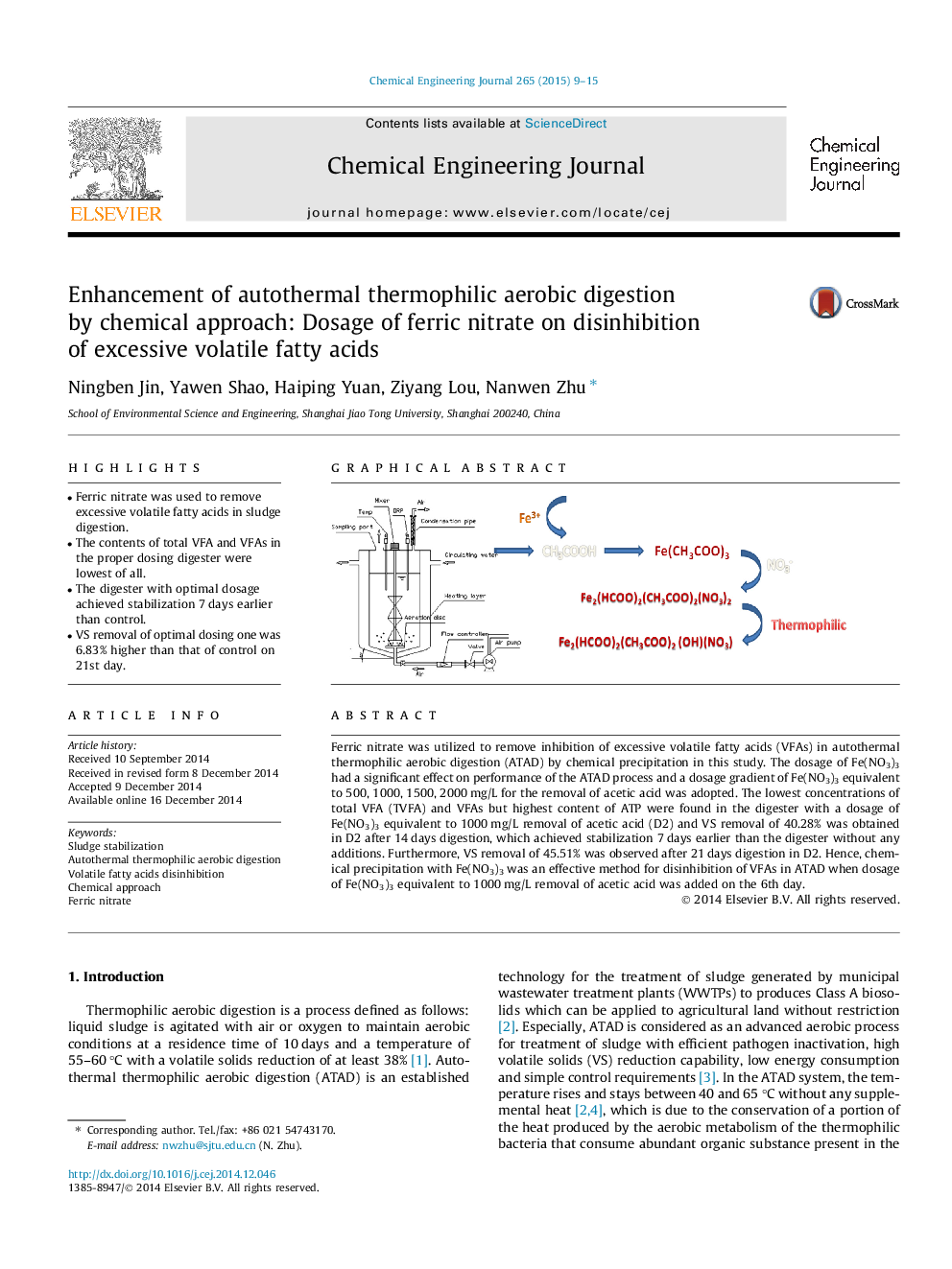 Enhancement of autothermal thermophilic aerobic digestion by chemical approach: Dosage of ferric nitrate on disinhibition of excessive volatile fatty acids