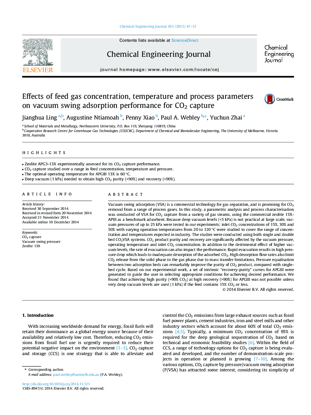 Effects of feed gas concentration, temperature and process parameters on vacuum swing adsorption performance for CO2 capture