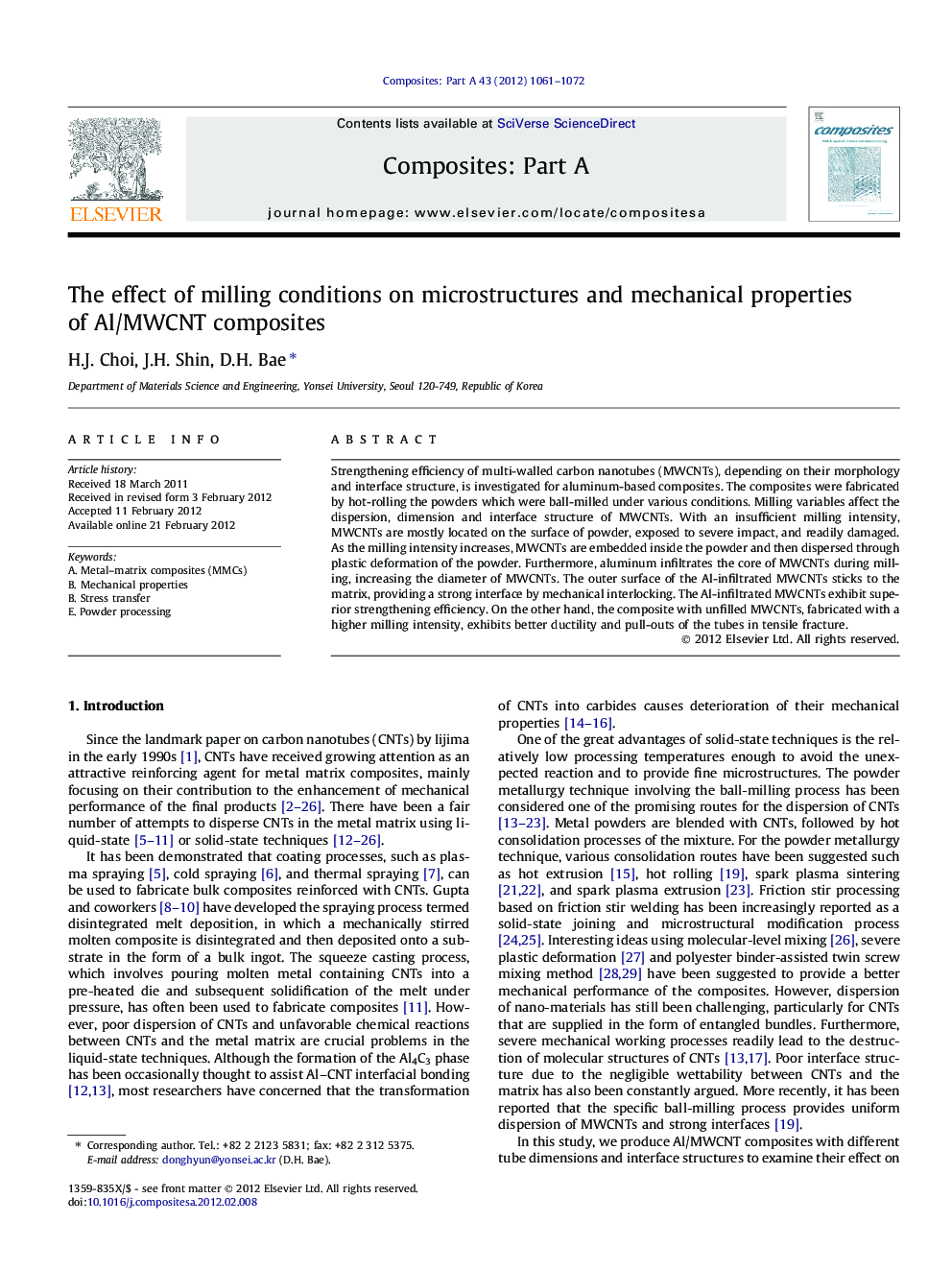 The effect of milling conditions on microstructures and mechanical properties of Al/MWCNT composites