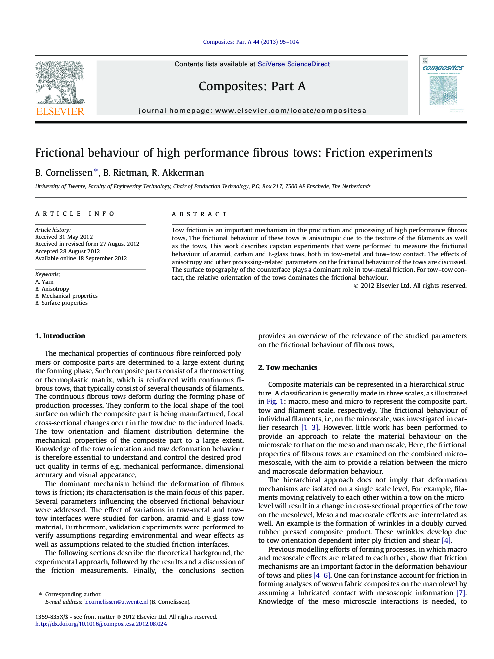 Frictional behaviour of high performance fibrous tows: Friction experiments