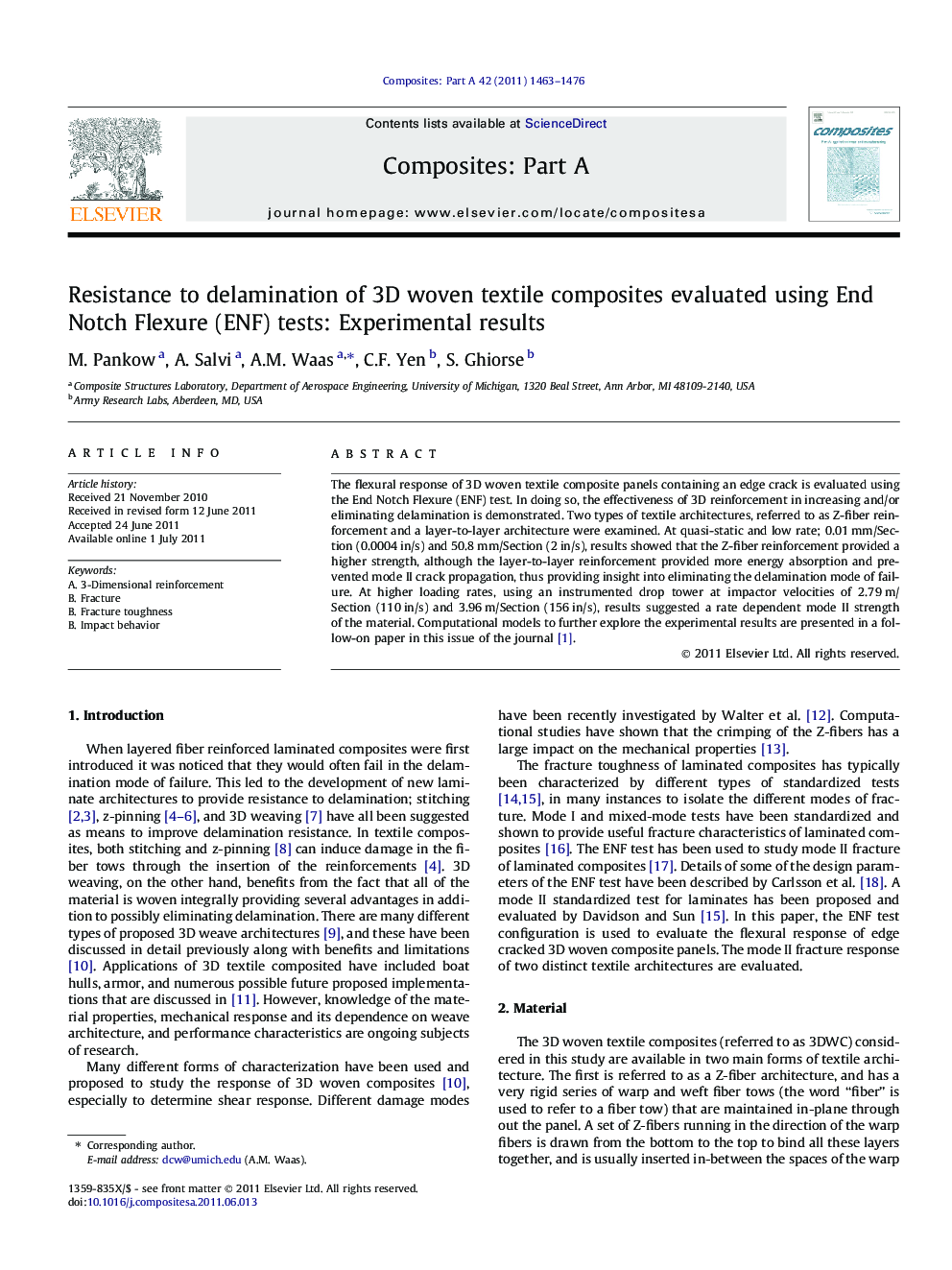 Resistance to delamination of 3D woven textile composites evaluated using End Notch Flexure (ENF) tests: Experimental results