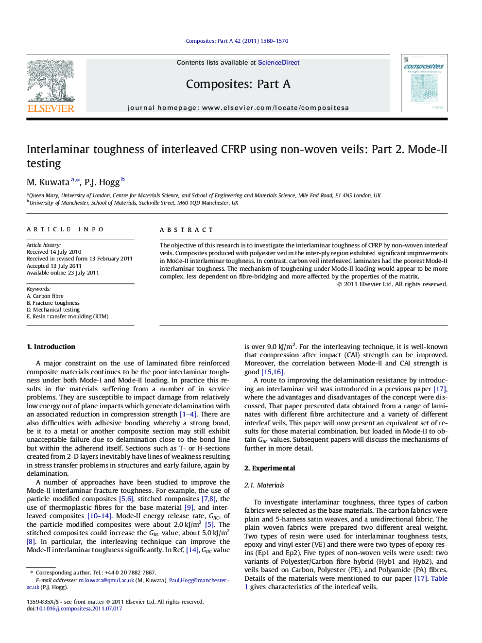 Interlaminar toughness of interleaved CFRP using non-woven veils: Part 2. Mode-II testing