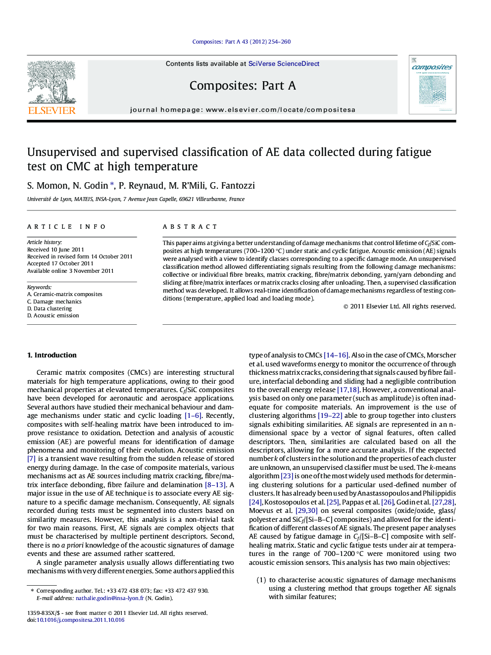 Unsupervised and supervised classification of AE data collected during fatigue test on CMC at high temperature