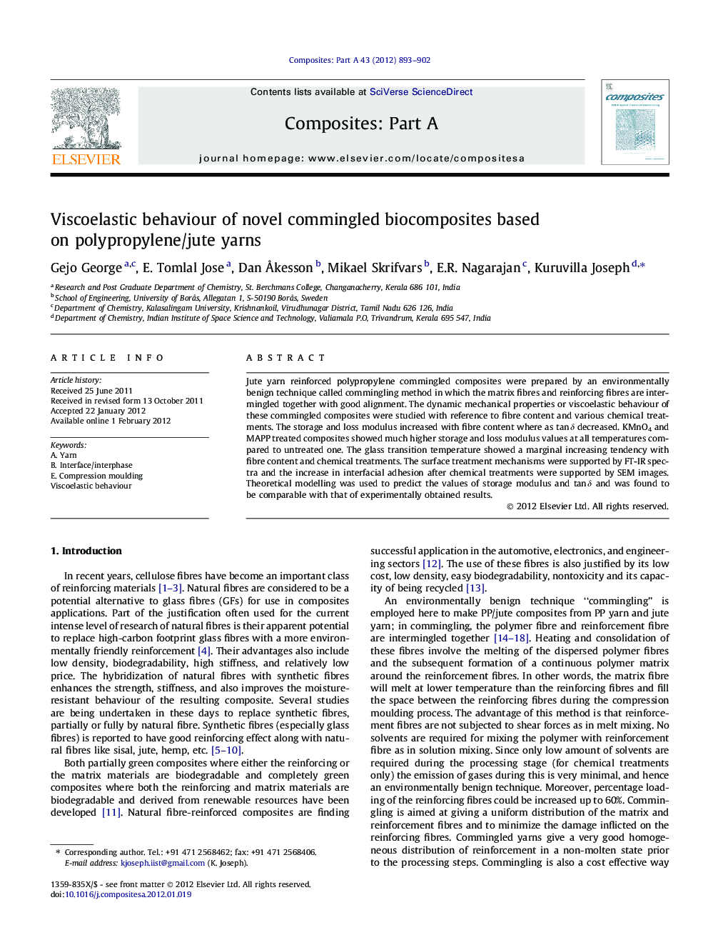 Viscoelastic behaviour of novel commingled biocomposites based on polypropylene/jute yarns