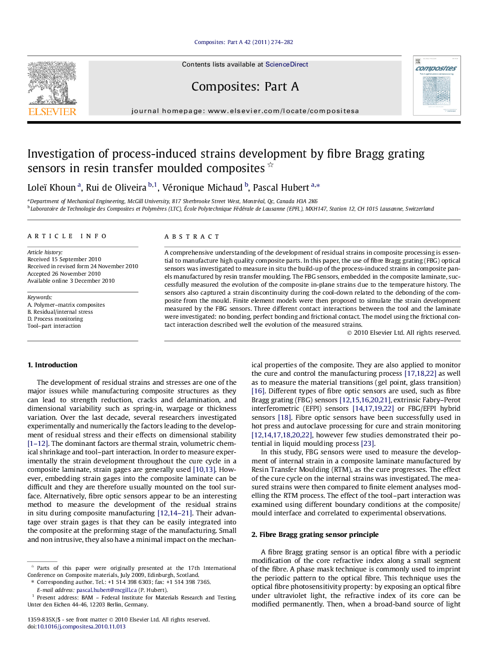 Investigation of process-induced strains development by fibre Bragg grating sensors in resin transfer moulded composites 