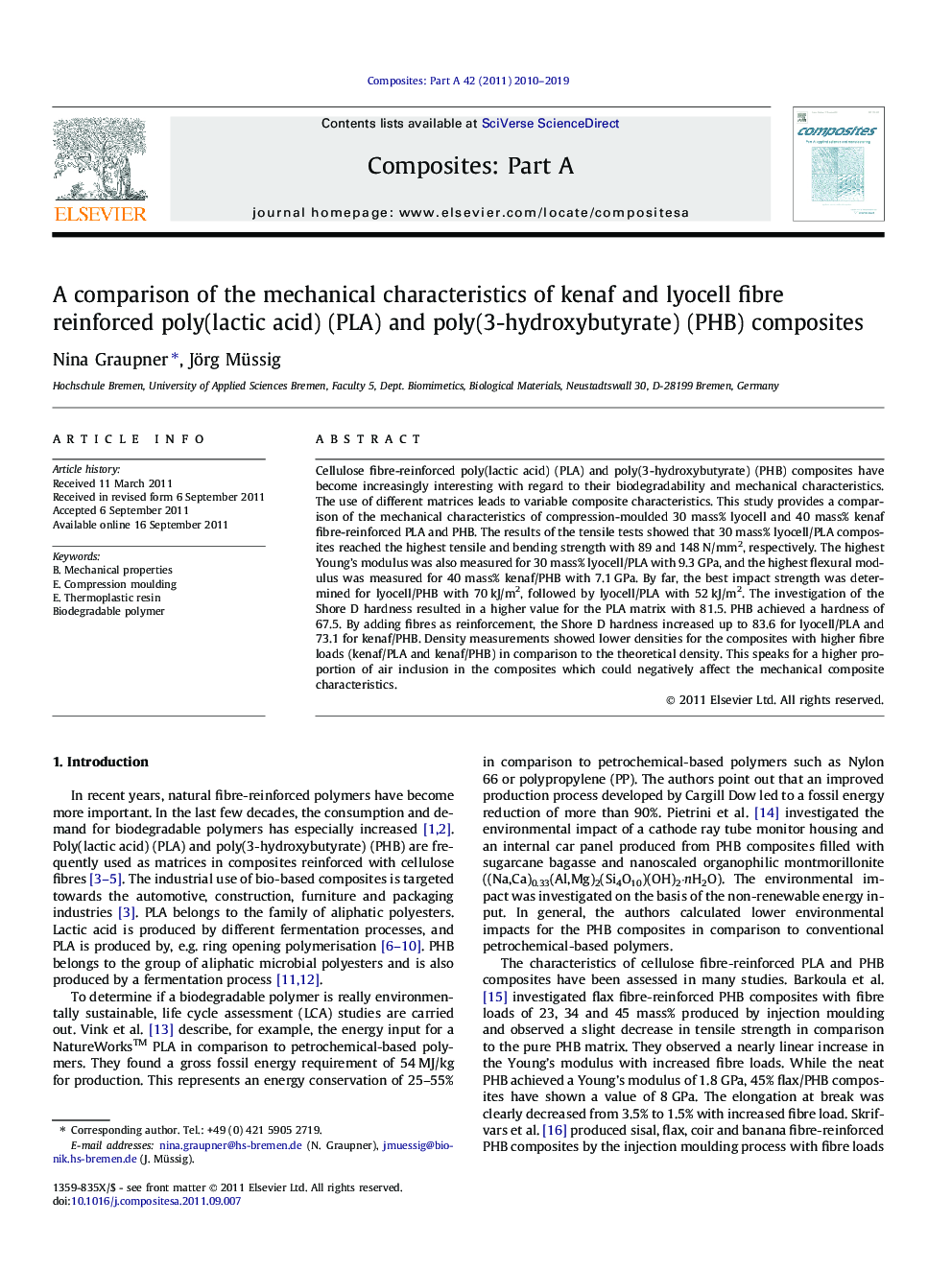 A comparison of the mechanical characteristics of kenaf and lyocell fibre reinforced poly(lactic acid) (PLA) and poly(3-hydroxybutyrate) (PHB) composites