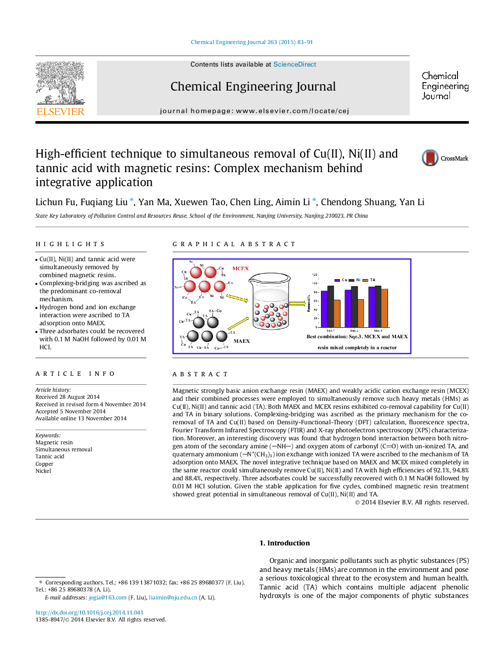 High-efficient technique to simultaneous removal of Cu(II), Ni(II) and tannic acid with magnetic resins: Complex mechanism behind integrative application