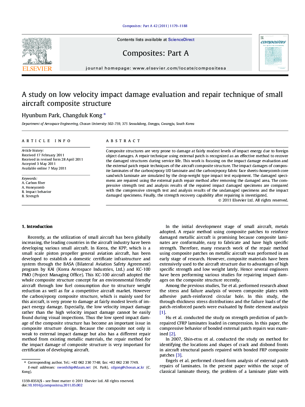 A study on low velocity impact damage evaluation and repair technique of small aircraft composite structure