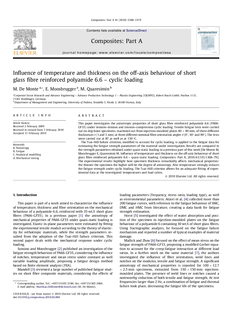 Influence of temperature and thickness on the off-axis behaviour of short glass fibre reinforced polyamide 6.6 – cyclic loading