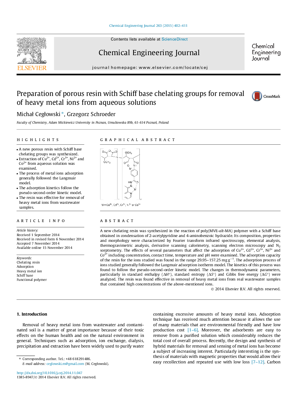 Preparation of porous resin with Schiff base chelating groups for removal of heavy metal ions from aqueous solutions