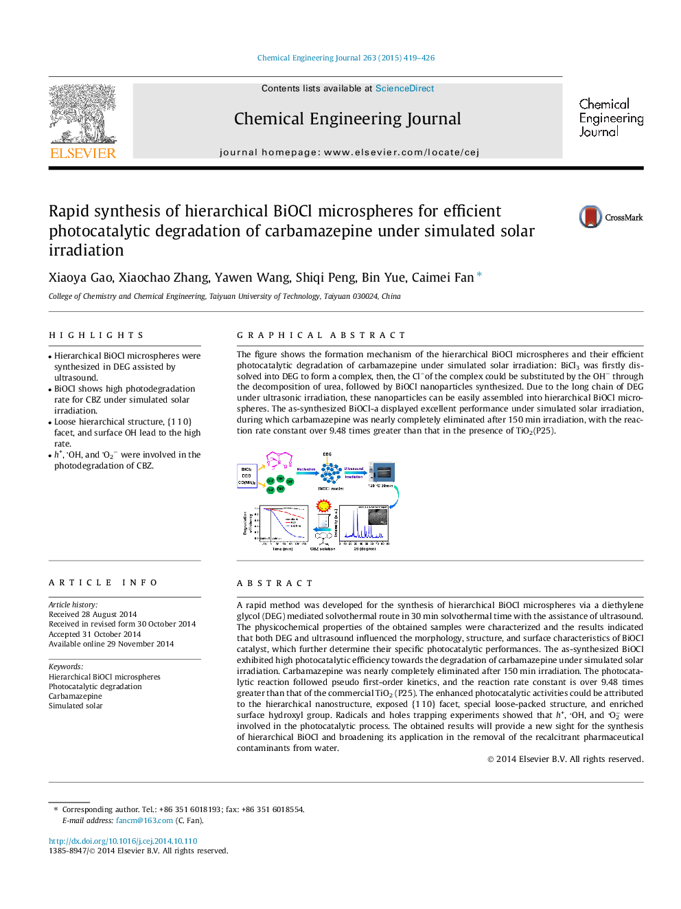 عکس صفحه اول مقاله: Rapid synthesis of hierarchical BiOCl microspheres for efficient photocatalytic degradation of carbamazepine under simulated solar irradiation Rapid synthesis of hierarchical BiOCl microspheres for efficient photocatalytic degradation of carbamazepine under simulated solar irradiation