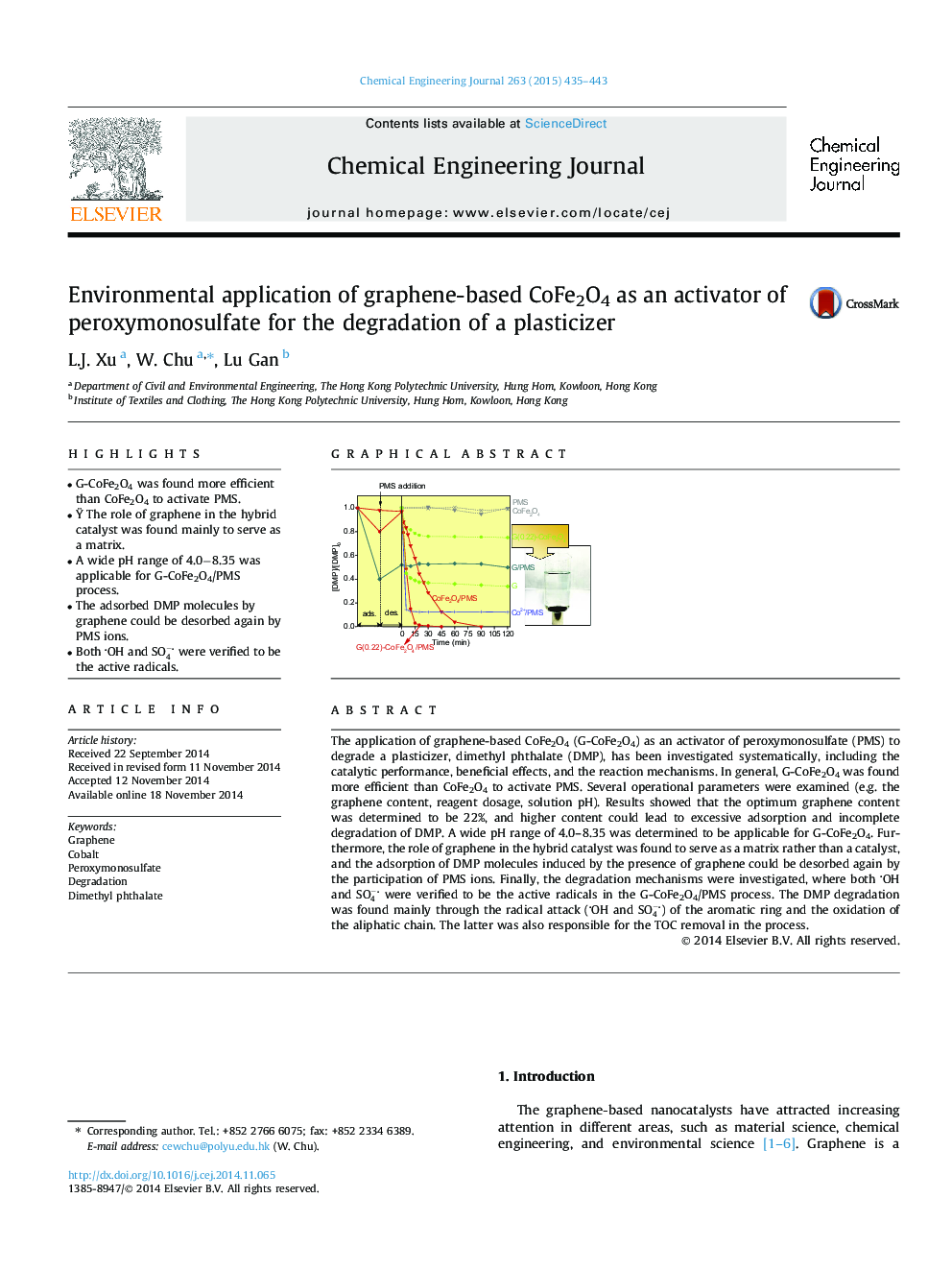 Environmental application of graphene-based CoFe2O4 as an activator of peroxymonosulfate for the degradation of a plasticizer