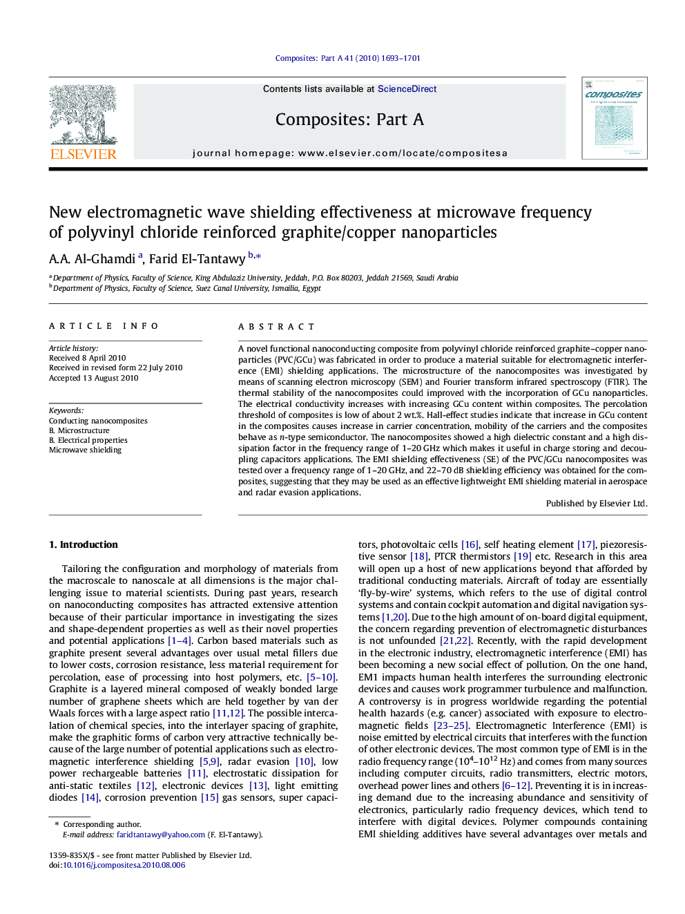 New electromagnetic wave shielding effectiveness at microwave frequency of polyvinyl chloride reinforced graphite/copper nanoparticles