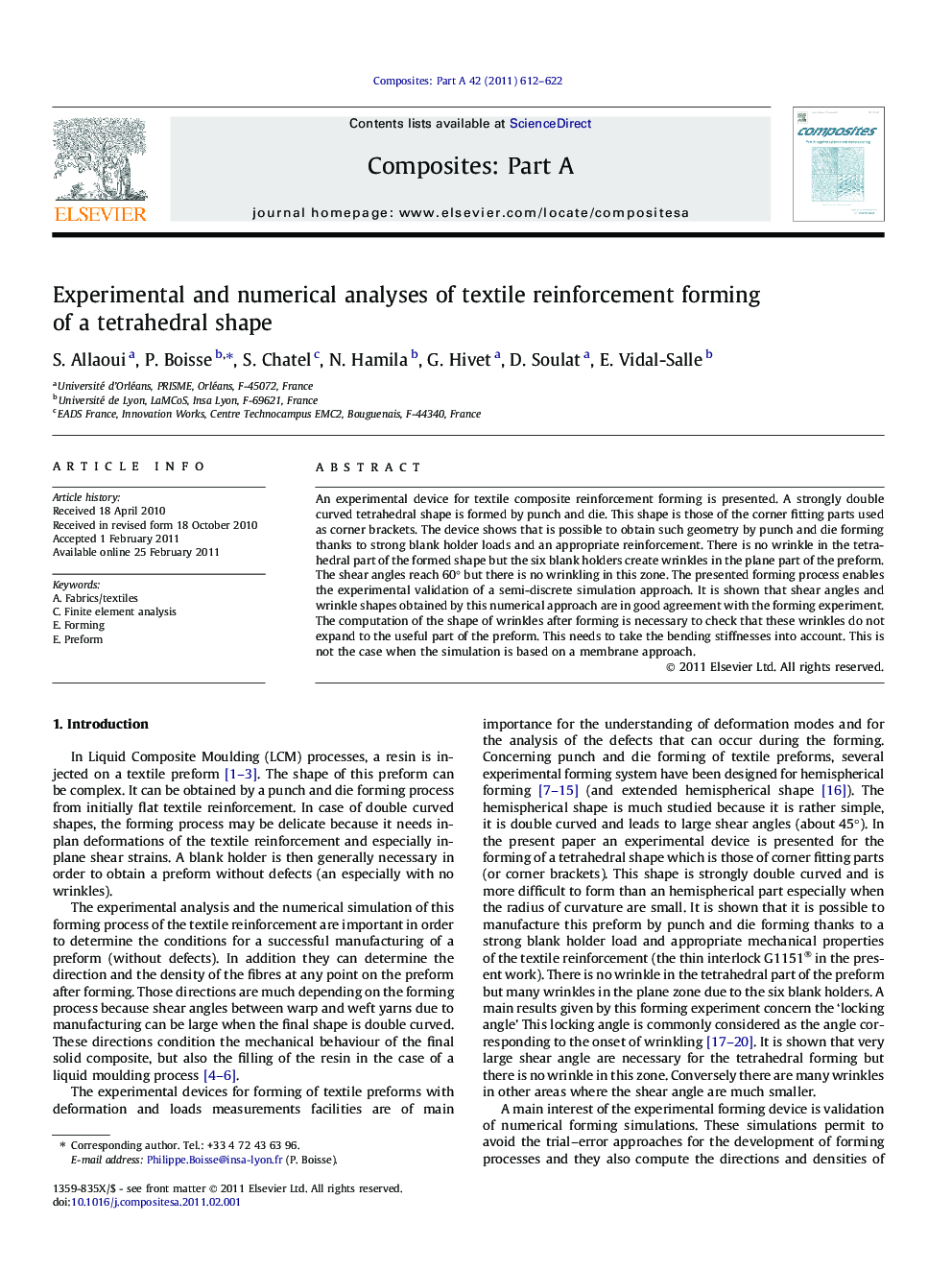 Experimental and numerical analyses of textile reinforcement forming of a tetrahedral shape