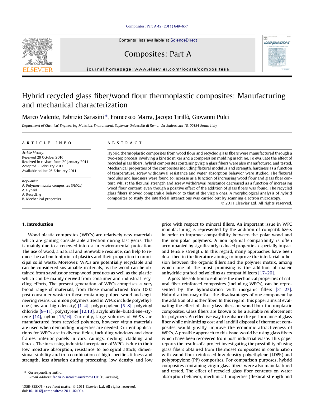 Hybrid recycled glass fiber/wood flour thermoplastic composites: Manufacturing and mechanical characterization