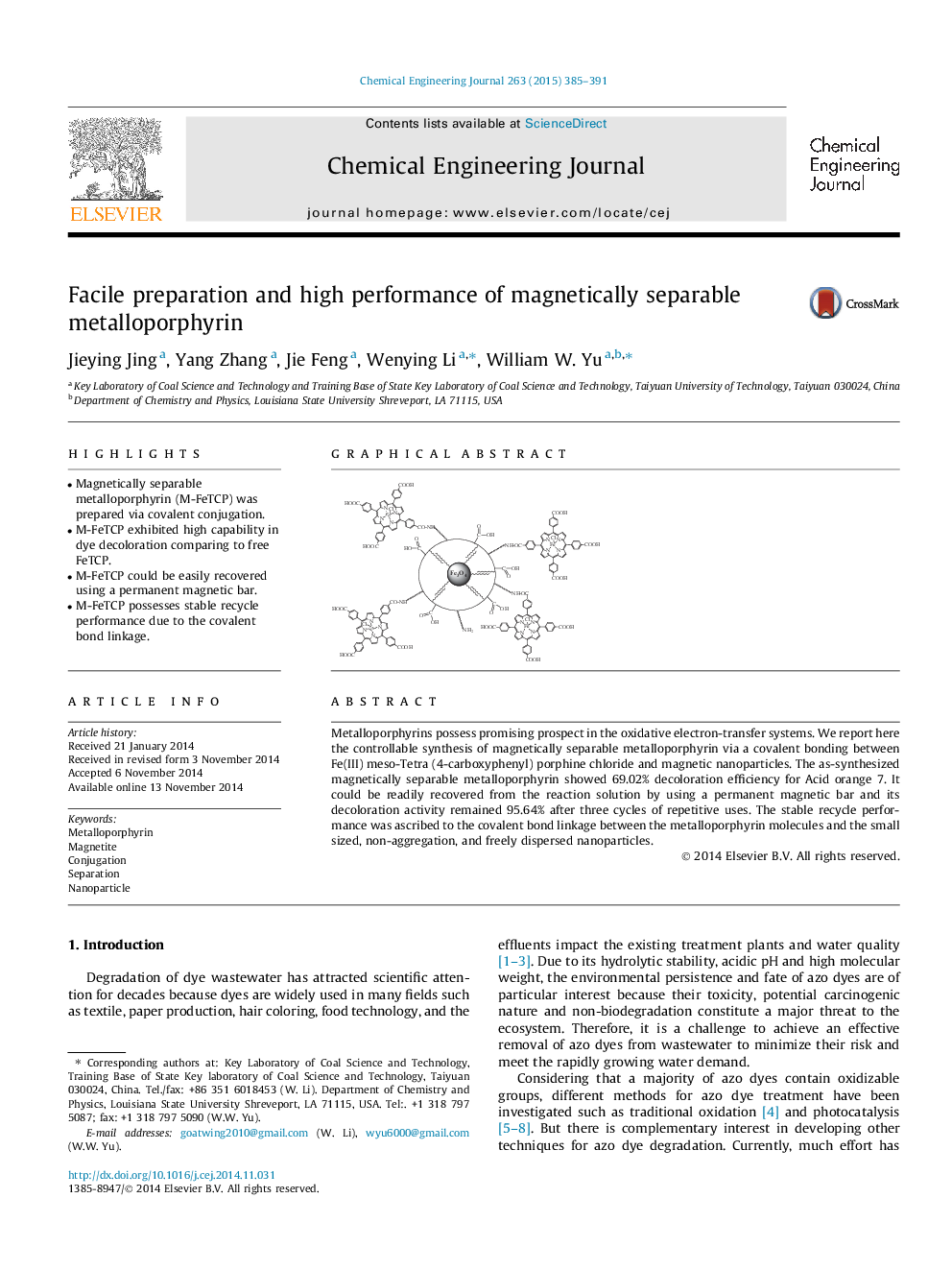 Facile preparation and high performance of magnetically separable metalloporphyrin