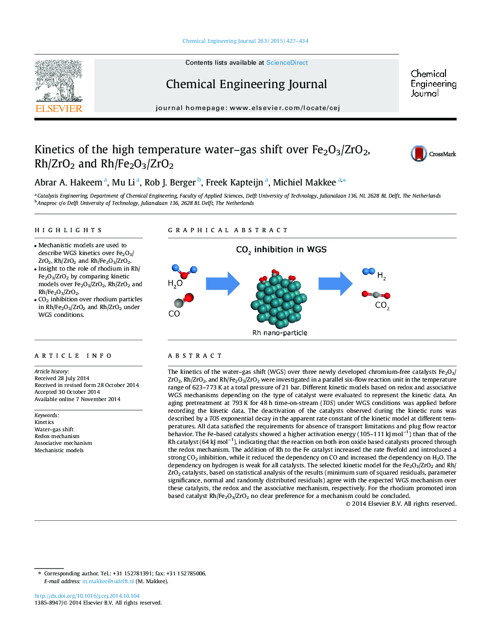 Kinetics of the high temperature water–gas shift over Fe2O3/ZrO2, Rh/ZrO2 and Rh/Fe2O3/ZrO2