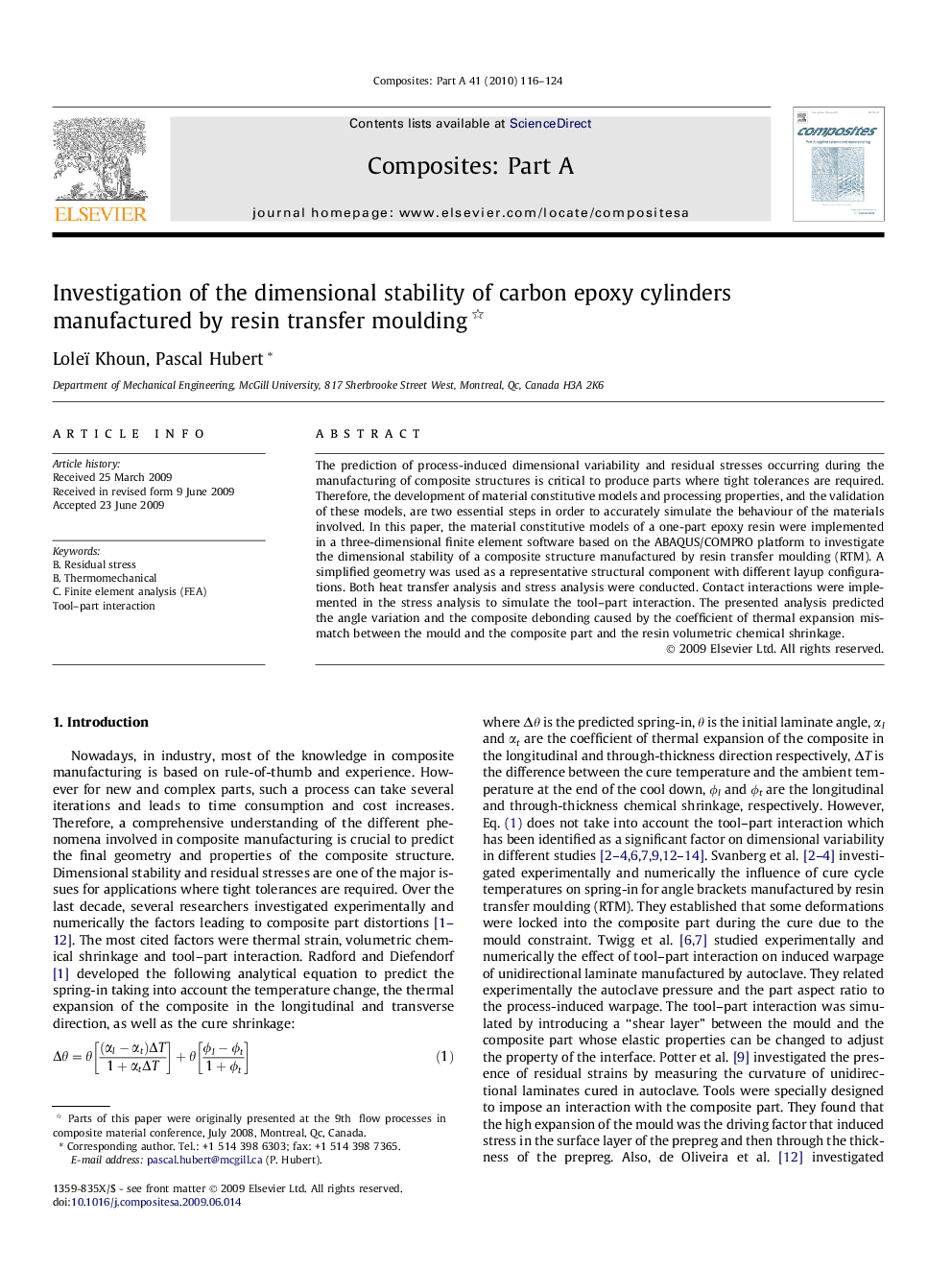 عکس صفحه اول مقاله: Investigation of the dimensional stability of carbon epoxy cylinders manufactured by resin transfer moulding Investigation of the dimensional stability of carbon epoxy cylinders manufactured by resin transfer moulding