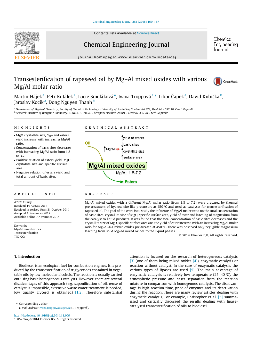 Transesterification of rapeseed oil by Mg–Al mixed oxides with various Mg/Al molar ratio