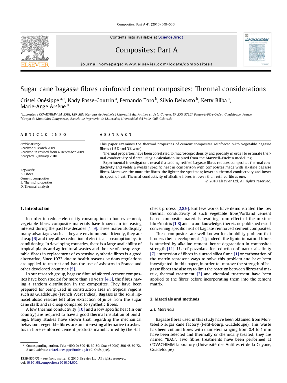 Sugar cane bagasse fibres reinforced cement composites: Thermal considerations