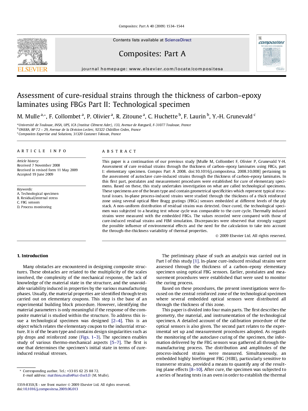 Assessment of cure-residual strains through the thickness of carbon–epoxy laminates using FBGs Part II: Technological specimen