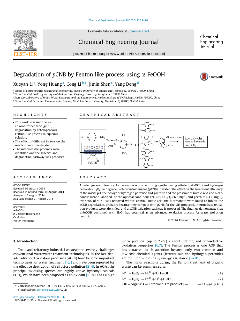 Degradation of pCNB by Fenton like process using α-FeOOH