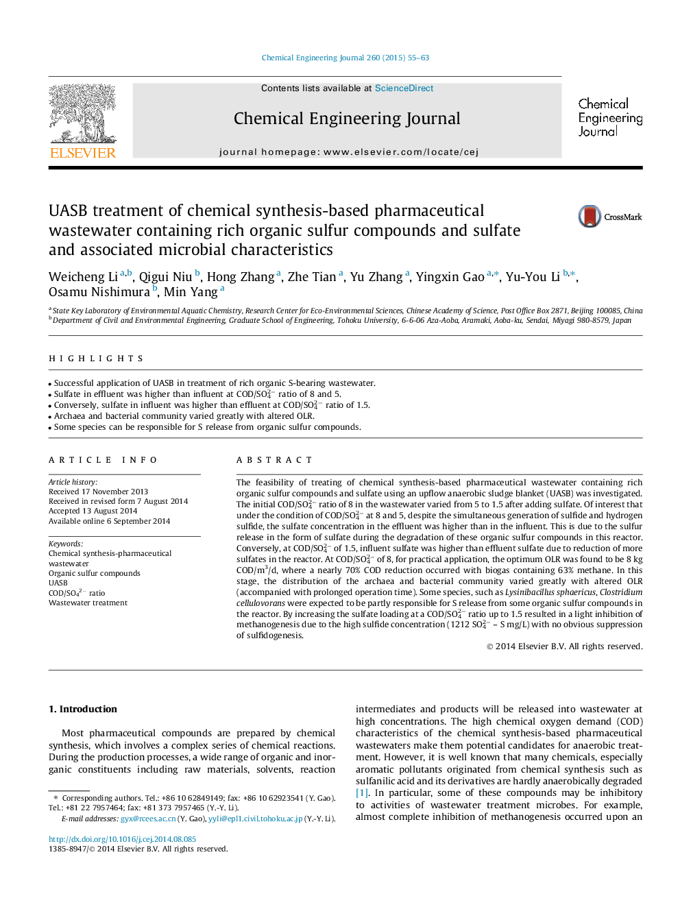 UASB treatment of chemical synthesis-based pharmaceutical wastewater containing rich organic sulfur compounds and sulfate and associated microbial characteristics