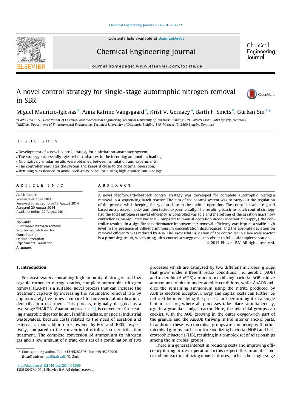 A novel control strategy for single-stage autotrophic nitrogen removal in SBR