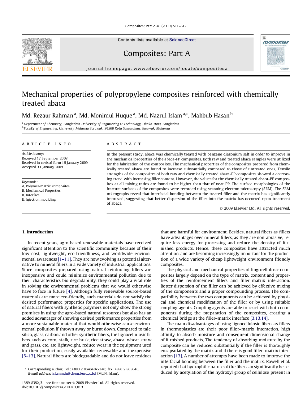 Mechanical properties of polypropylene composites reinforced with chemically treated abaca