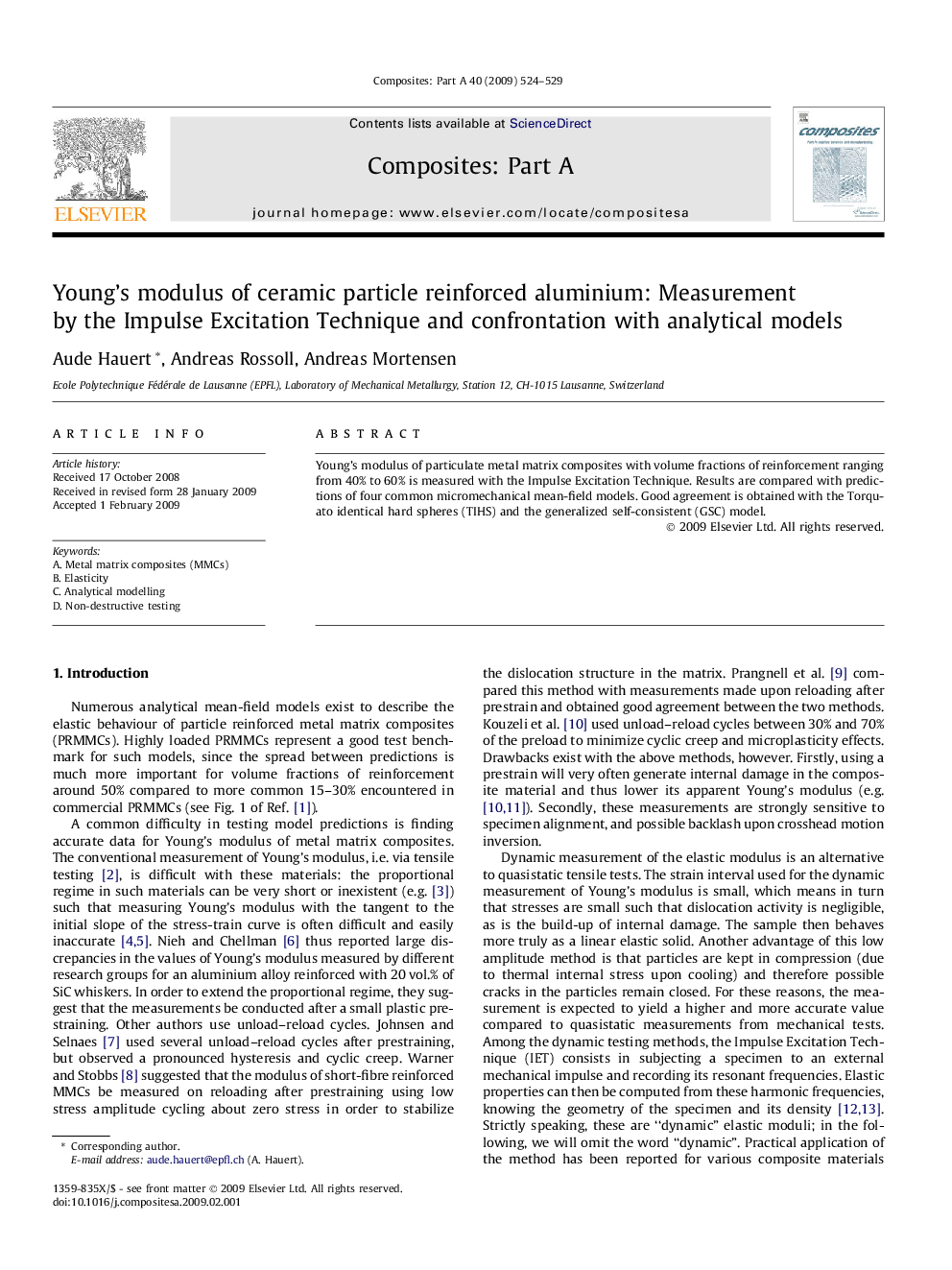 Young’s modulus of ceramic particle reinforced aluminium: Measurement by the Impulse Excitation Technique and confrontation with analytical models