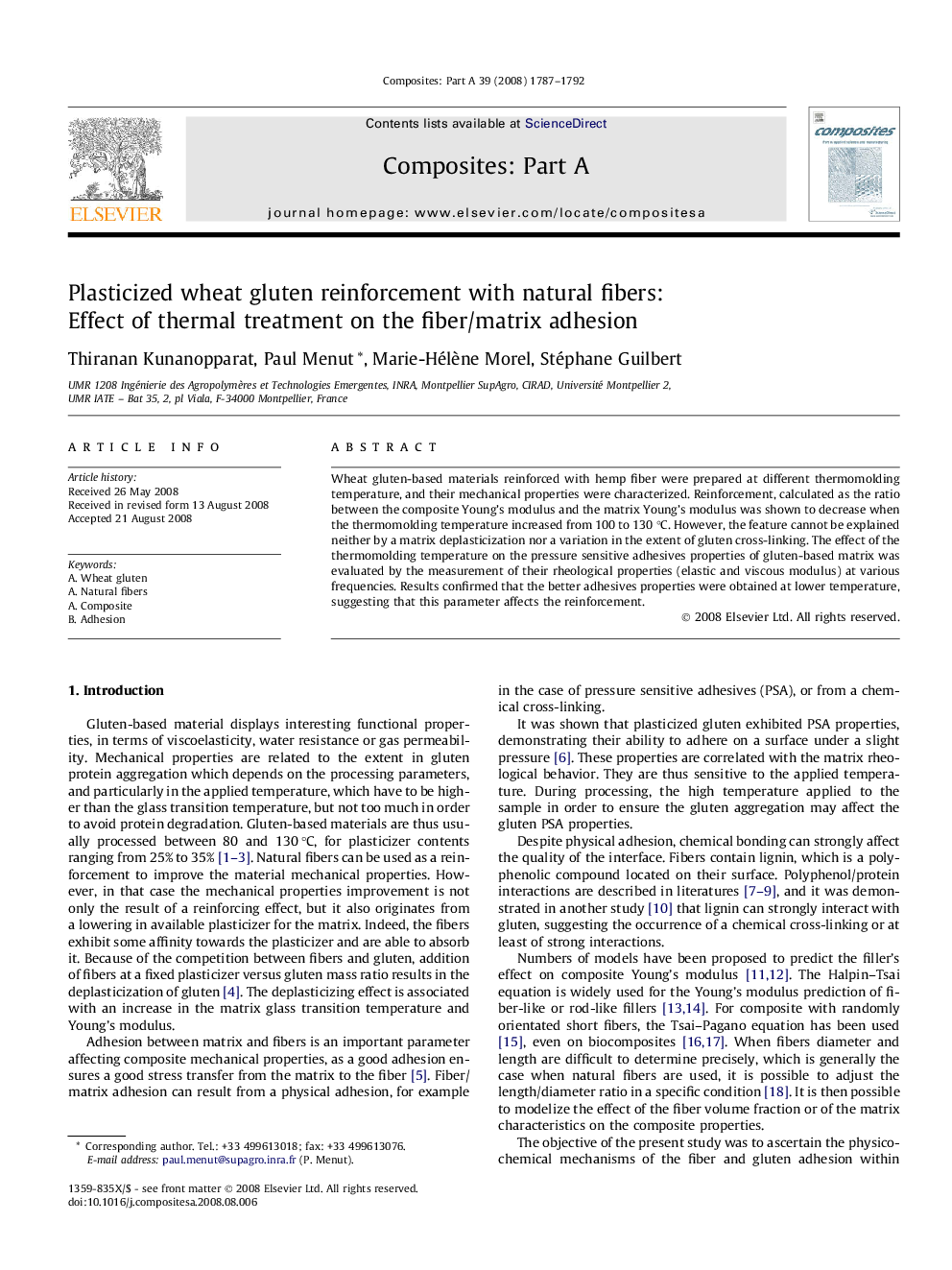 Plasticized wheat gluten reinforcement with natural fibers: Effect of thermal treatment on the fiber/matrix adhesion