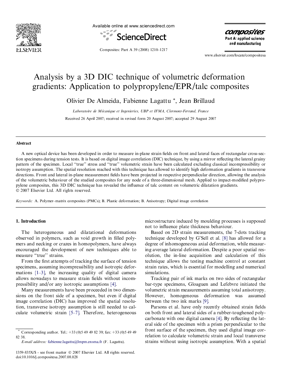 Analysis by a 3D DIC technique of volumetric deformation gradients: Application to polypropylene/EPR/talc composites