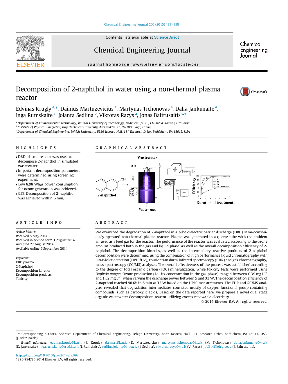 Decomposition of 2-naphthol in water using a non-thermal plasma reactor