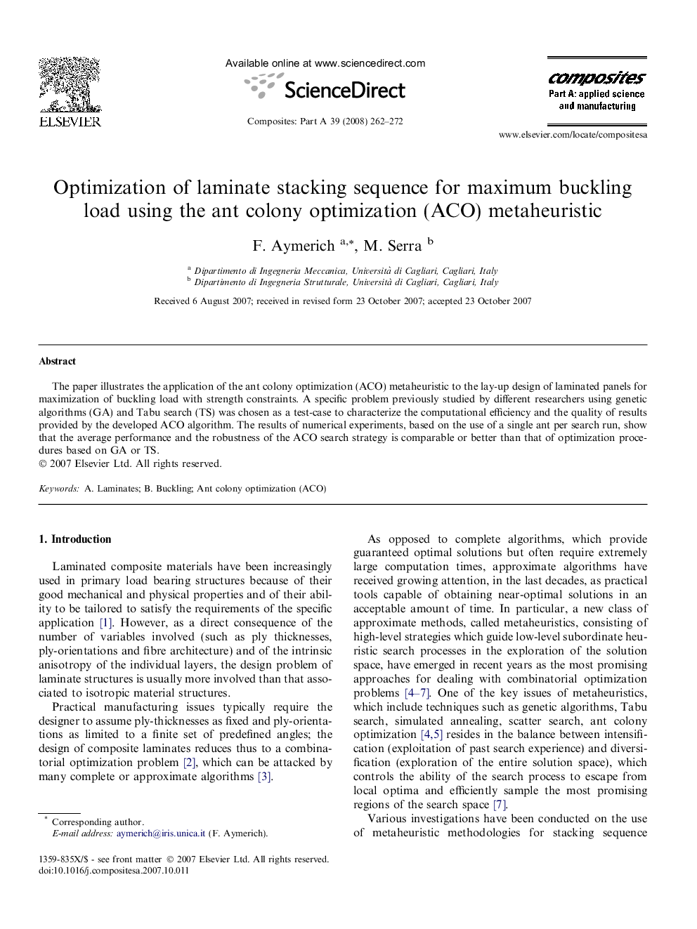 Optimization of laminate stacking sequence for maximum buckling load using the ant colony optimization (ACO) metaheuristic