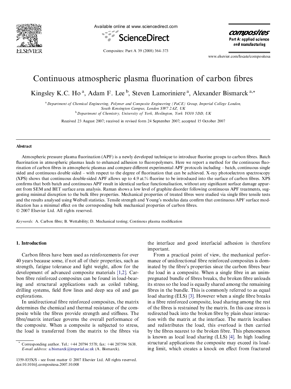 Continuous atmospheric plasma fluorination of carbon fibres