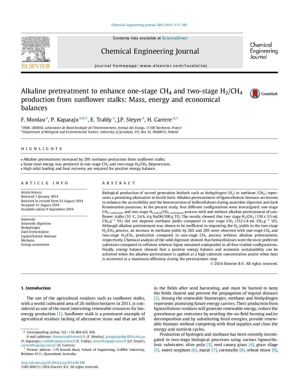 Alkaline pretreatment to enhance one-stage CH4 and two-stage H2/CH4 production from sunflower stalks: Mass, energy and economical balances