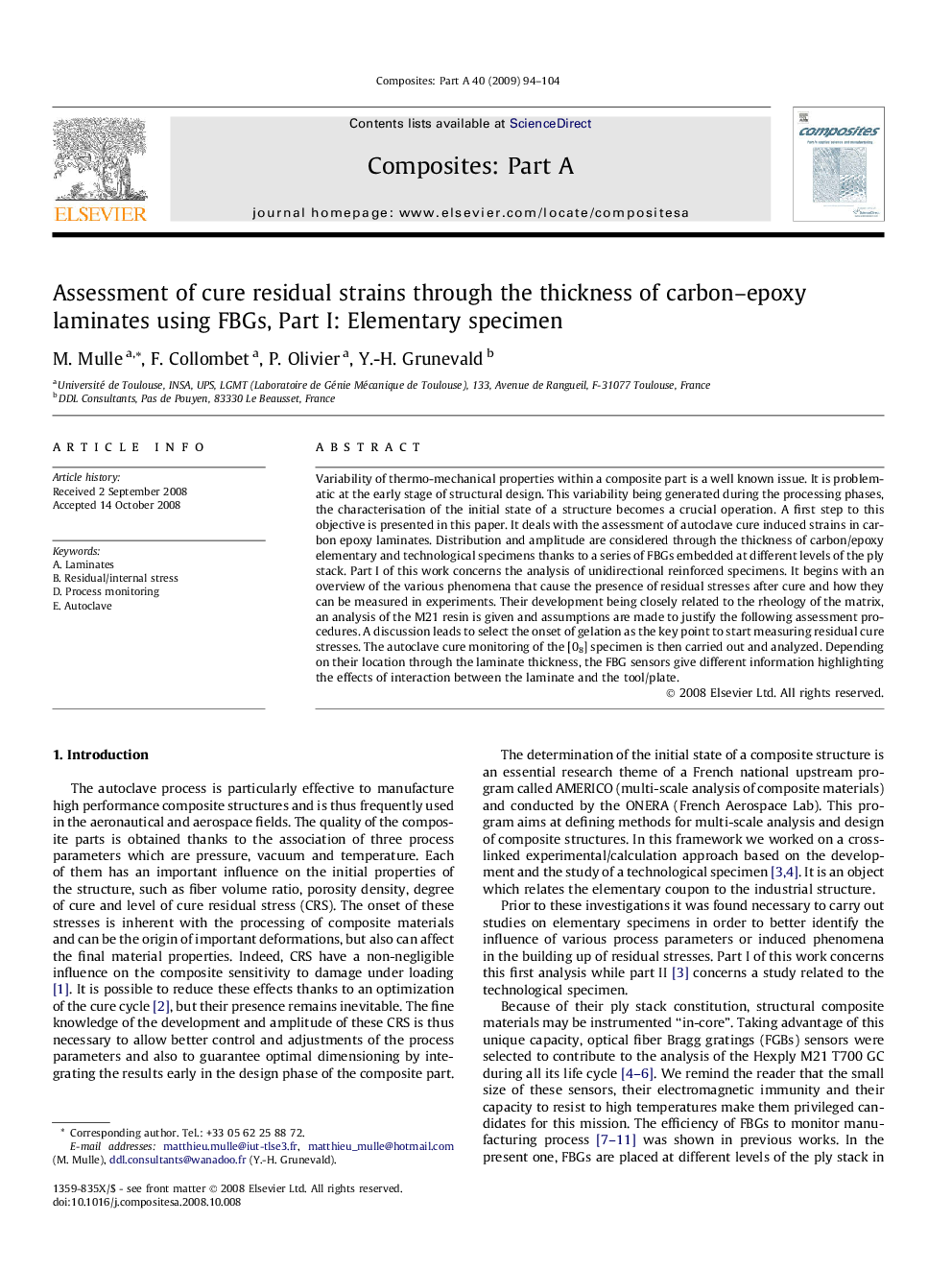 Assessment of cure residual strains through the thickness of carbon–epoxy laminates using FBGs, Part I: Elementary specimen