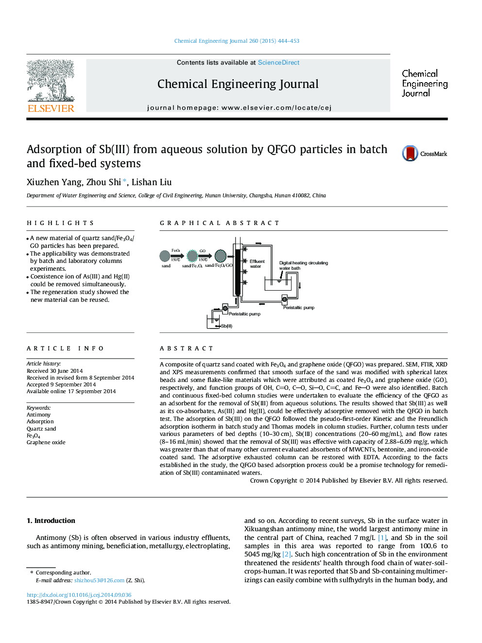 Adsorption of Sb(III) from aqueous solution by QFGO particles in batch and fixed-bed systems