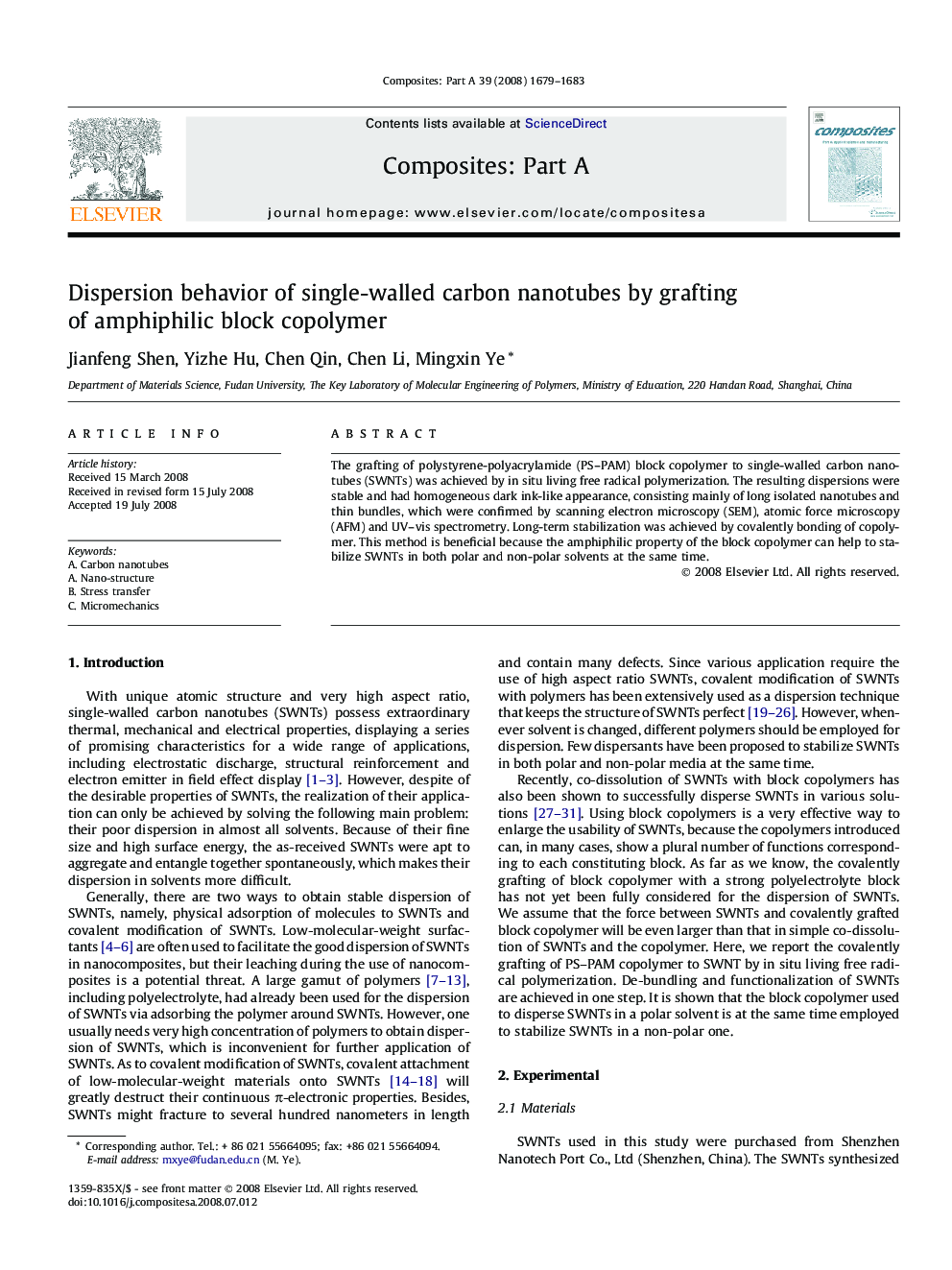 Dispersion behavior of single-walled carbon nanotubes by grafting of amphiphilic block copolymer