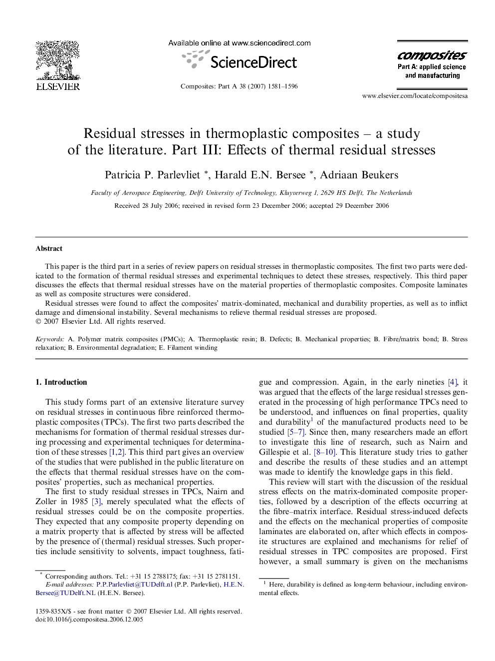 Residual stresses in thermoplastic composites – a study of the literature. Part III: Effects of thermal residual stresses