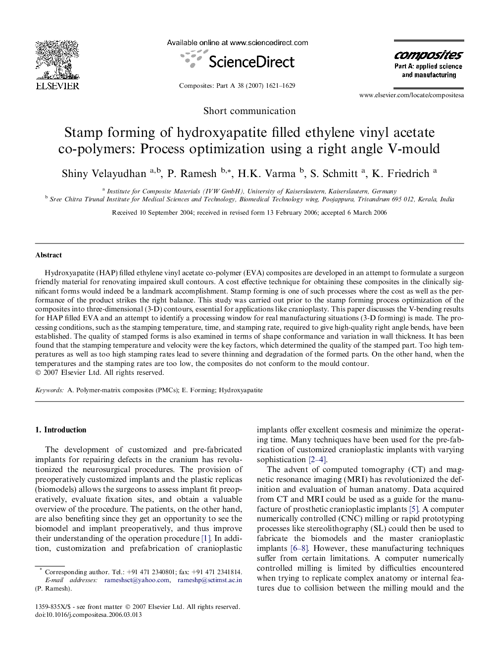 Stamp forming of hydroxyapatite filled ethylene vinyl acetate co-polymers: Process optimization using a right angle V-mould