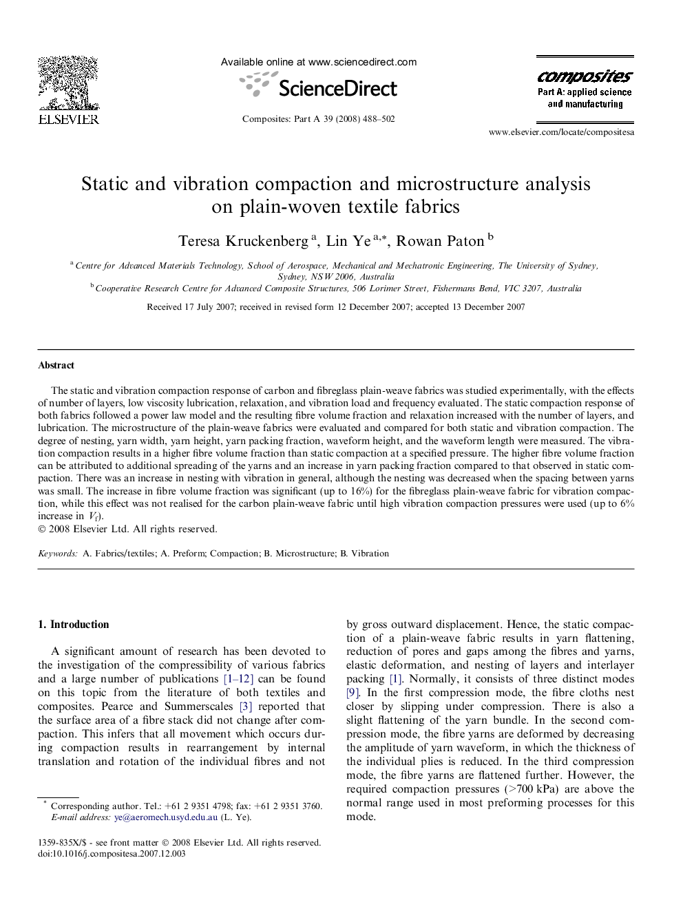 Static and vibration compaction and microstructure analysis on plain-woven textile fabrics