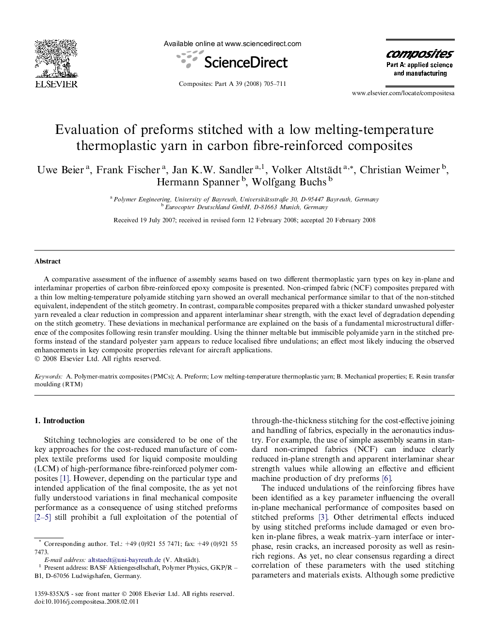 Evaluation of preforms stitched with a low melting-temperature thermoplastic yarn in carbon fibre-reinforced composites